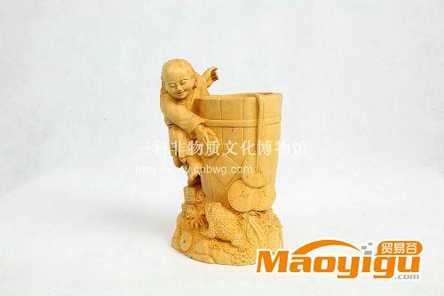 樂(lè)清黃楊木雕*家居擺件*商務(wù)禮品 劉海戲蟾 筆筒11.5*10*18.5